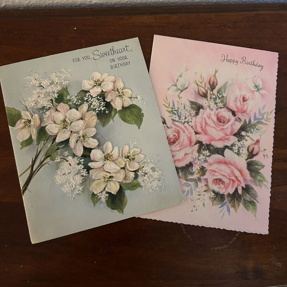 Duo Vintage 50s/60s Happy Birthday Cards Feminine Floral Glitter Ephemera Used